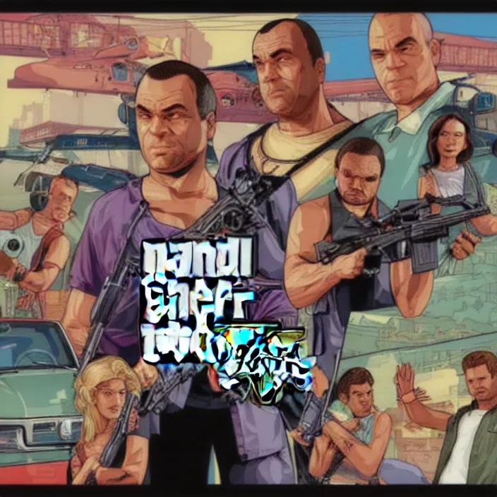 Image similar to GTA5 art cover as 90's game cover illustration style