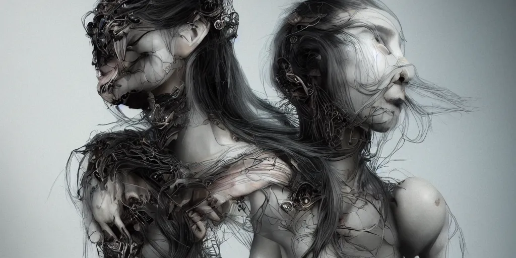 Image similar to hyper realistic photography of a stunningly beautiful cyborg female, intimate, holding close, ribbon, razors, in the style of beth cavener, jin kagetsu,, and wlop, highly detailed, intricate filigree, symmetry, masterpiece, award winning, sharp focus, concept art, highkey lighting, ambient lighting, octane render, 8 k, artstation