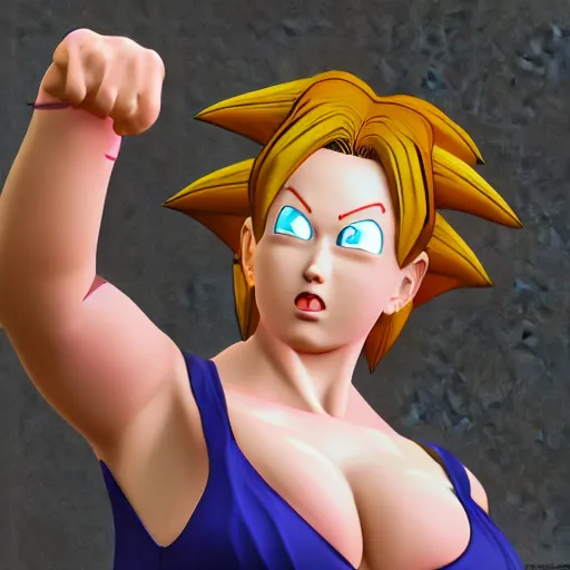 Image similar to christina hendricks as dragon ball z characters, 3 d render, blender,