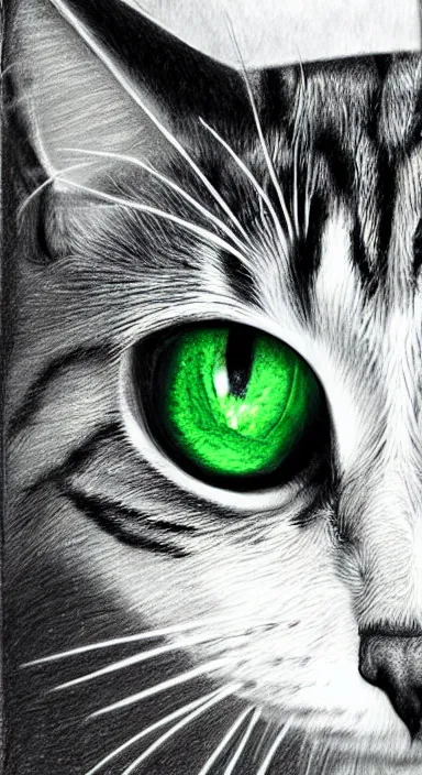 Prompt: highly detailed realistic pencil sketch portrait of a beautiful cat with big green eyes in front of the universe