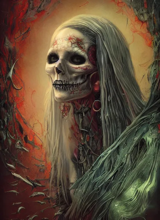 Prompt: alice's sister, death tarot card, highly detailed, half skull face, cinematic, 8 k, by megan duncanson, benjamin lacombe, adrian borda, stanley artgermm, tom bagshaw, craig mullins, carne griffiths, ayami kojima, beksinski, giger, trending on deviantart, hyper detailed, horror, full of colour