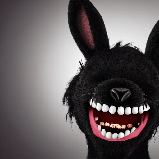 Image similar to A extremely highly detailed majestic hi-res beautiful, highly detailed head and shoulders portrait of a scary terrifying, horrifying, creepy black cartoon rabbit animatronic with scary big eyes, laughing and standing up wearing pants and a shirt in the style of Walt Disney