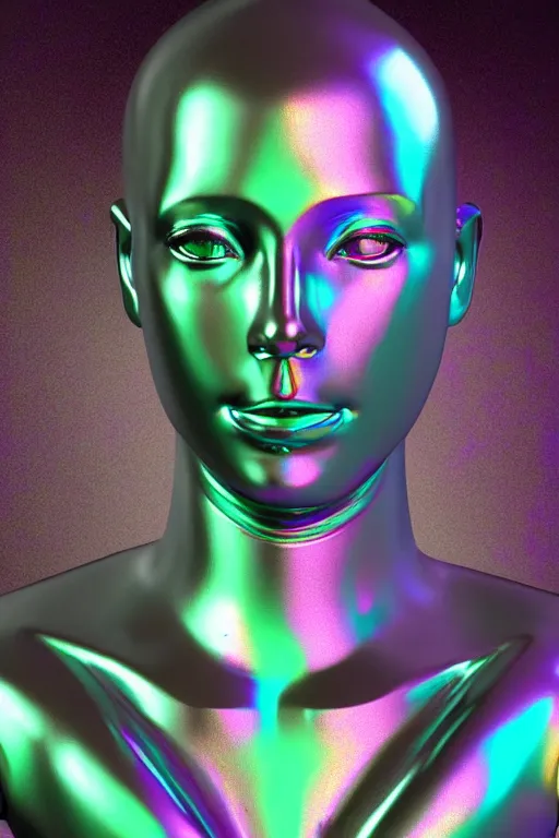 Image similar to 3d render of holographic human robotic bust made of glossy iridescent, bust, surrealistic 3d illustration of a human non-binary, non binary model, 3d model human, cryengine, made of holographic texture, holographic material, holographic rainbow, concept of cyborg and artificial intelligence