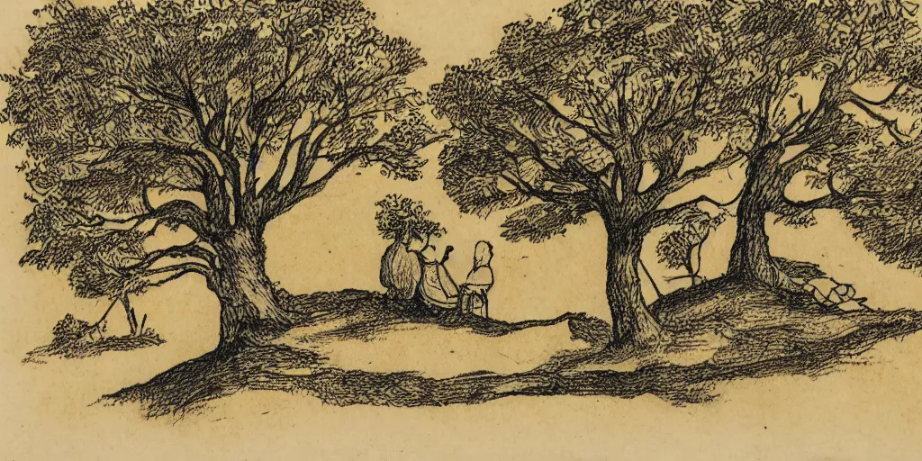 Prompt: a couple sits on a hill together as wind blows trees around, yellowed paper, pen and ink, 1 5 0 0 s, 8 k resolution
