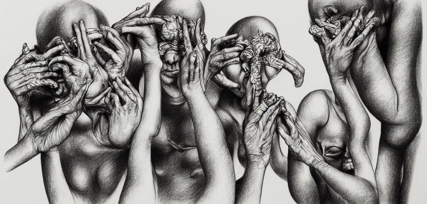 Image similar to see no evil, hear no evil, speak no evil, detailed drawing, pen and ink, monochrome, by hans bellmer