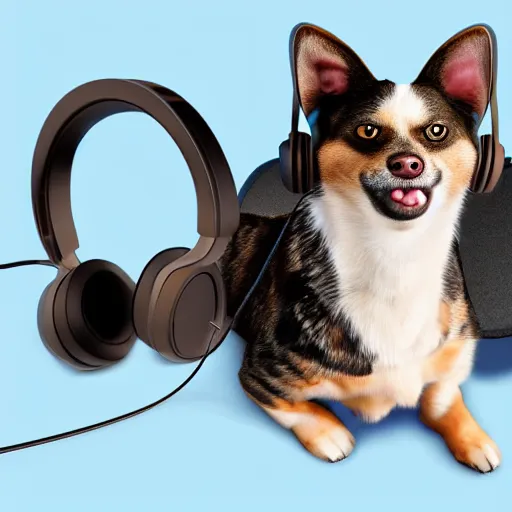 Image similar to a photorealistic dog and cat wearing headphones smiling, 8 k resolution, studio lighting, highly detailed, hyperrealism, realistic