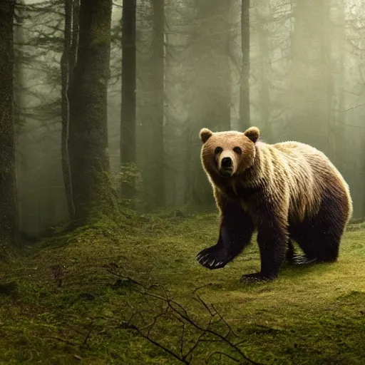 Image similar to a large grizzly bear lovecraftian monster running quickly through a woodland, magical forest, fantasy, Ireland, England, king Arthur, Lord of the rings, cinematic, realistic style, beautiful, majestic, dramatic lighting, early morning, dawn CGsociety, realistic, hyper maximalist, golden ratio, octane render, rule of thirds, wide shot , 8k resolution, epic volumetric light, cinematography, concept art, Artstation trending, environments, fantasy