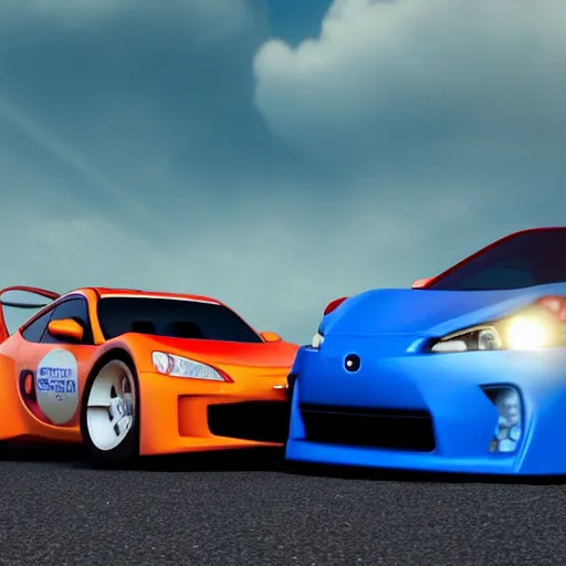 Prompt: An Evo 10 car and a BRZ car kissing each other, Pixar Cars movie style, 3D render, beautiful lighting, the cars have faces, extremely detailed, HDR, 4K, 8K, the lips of the cars are touching