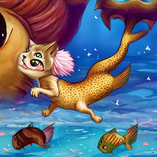 Image similar to A cat mermaid hybrid chasing a puffer fish