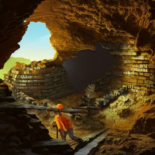 Image similar to Mining for Bitcoin between the rocks with a pickaxe. Mineshaft background. By Beeple. Extremely detailed. Digital art.