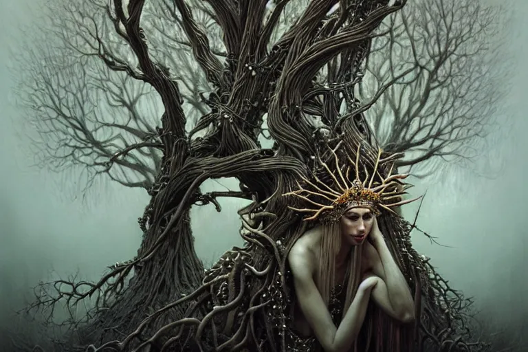 Prompt: priestess wearing a crown of twisted branches, fantasy, intricate, elegant, dramatic lighting, emotionally evoking symbolic metaphor, highly detailed, lifelike, photorealistic, digital painting, artstation, concept art, smooth, sharp focus, illustration, art by beksinski and albert aublet and krenz cushart and artem demura and alphonse mucha