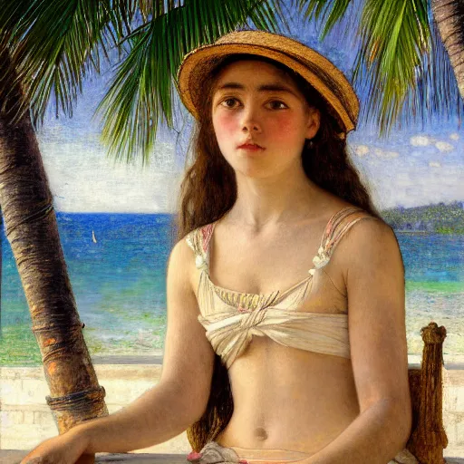 Image similar to a ultradetailed beautiful painting of a girl in the amazonas palace balustrade designed by jules bastien - lepage, tarsila do amaral, frank weston and gustave baumann, beach, trending on artstation, mediterranean, palm trees, hyper detailed face, sharp focus, soft light, 8 k 4 k