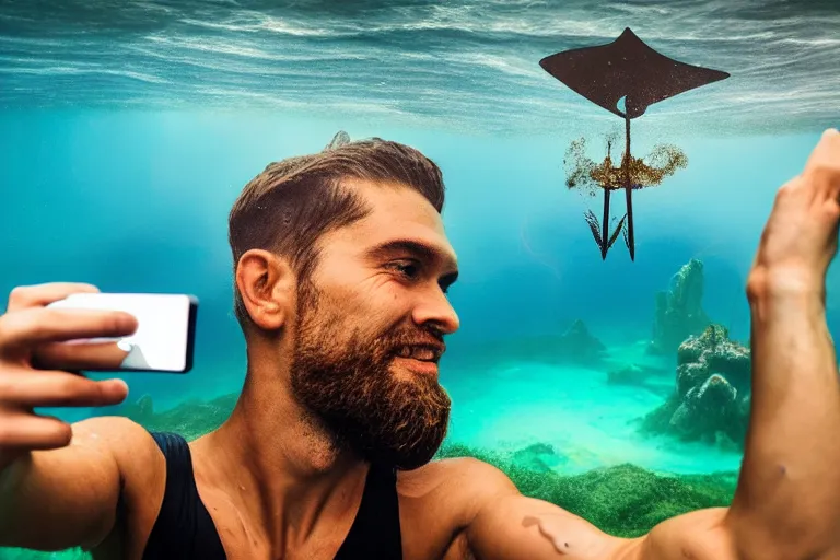 Prompt: high quality 4 k resolution go pro photo of storm god poseidon taking a selfie of himself with a go pro oil painting, hyperrealistic, underwater look king confused holding his trident