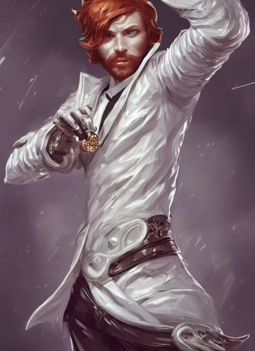 Prompt: a highly detailed illustration of short ginger haired man wearing white suit, dramatic holding ornate cane pose, intricate, elegant, highly detailed, centered, digital painting, artstation, concept art, smooth, sharp focus, league of legends concept art, WLOP