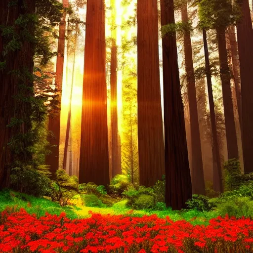 Image similar to A fantasy landscape with flowers and beautiful tall trees, redwoods, sunset