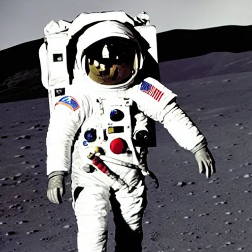 Image similar to carl sagan dressed in an astronaut suit on the moon, not wearing a helmet