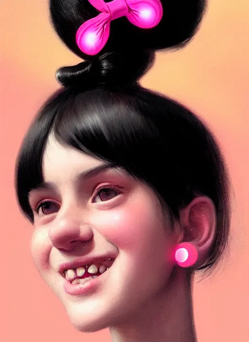 Image similar to portrait of teenage girl, realistic, black hair, bangs, half updo hairstyle, pointy nose, skinny, smile, ugly, defined jawline, big chin, pink hair bow, earrings, intricate, elegant, glowing lights, highly detailed, digital painting, artstation, sharp focus, illustration, art by wlop, mars ravelo and greg rutkowski