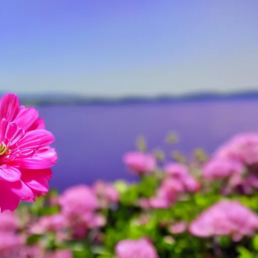 Image similar to pink perfume bottle sitting on the middle of a blue lake, close up shot, upfront, surrounded by pink flowers, blurred blue sky backround, softly - lit, soft - warm, zen, light, modern minimalist f 2 0 clean