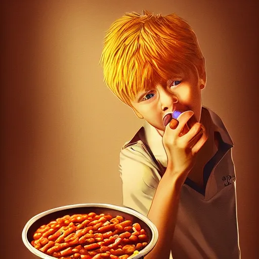 Prompt: Reigen Arataka eating baked beans, photorealistic, post-processing, digital art