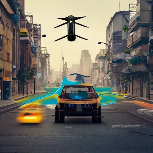 Prompt: solarpunk vehicle flying through solar punk city streets