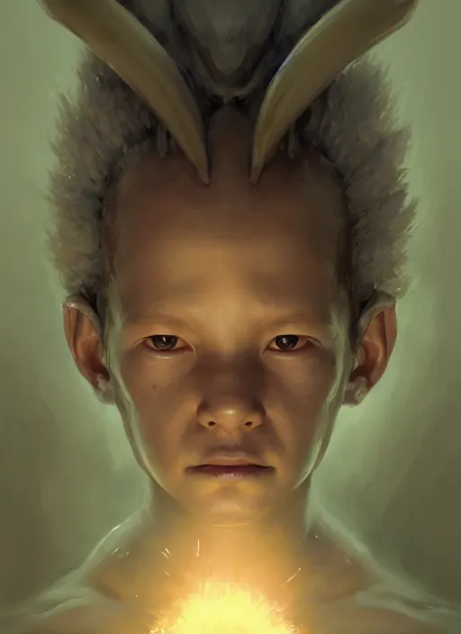 Image similar to a portrait of an alien sage child with an enormously large head, an ancient pale sage child from a different realm, highly detailed, digital painting, artstation, concept art, intricate, elegant, smooth, sharp focus, art by wlop, mars ravelo and greg rutkowski and craig mullins