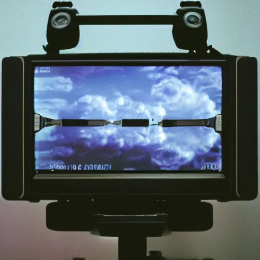 Prompt: a professional studio photograph of five 90s television VHS combo playing a video of clouds, key light, 50mm, shallow depth of field, no artefacts