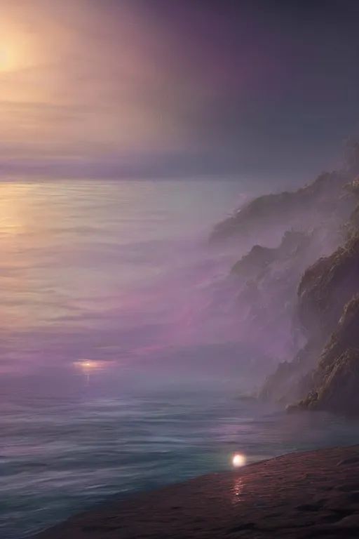 Prompt: the light mist engulfed them all in the twilight evening moonlight when they encountered the ocean view that stopped them in their tracks, mysterious, golden purple, complex, ultra detailed, 8k resolution, trending on artstation
