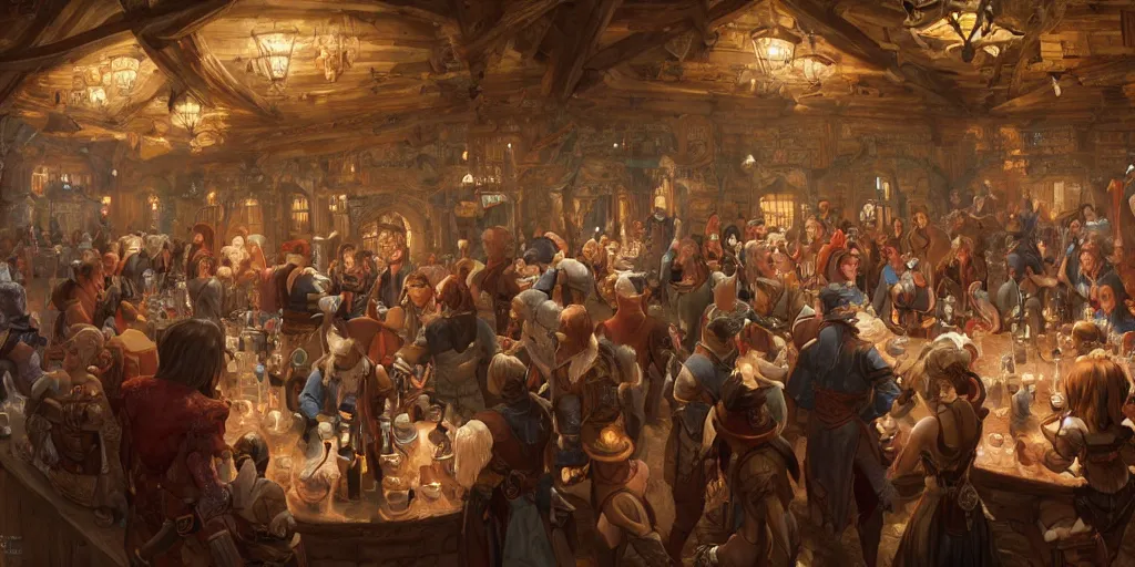 Prompt: a panorama of fantasy characters in a tavern, intricate, highly detailed, digital painting, artstation, smooth, sharp focus, illustration, 8 k, art by artgerm, greg rutkowski