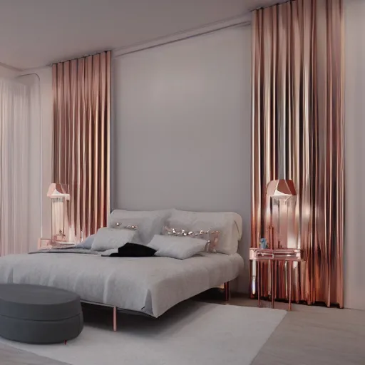 Image similar to 3 d render of white bedroom with rose gold metallic accents