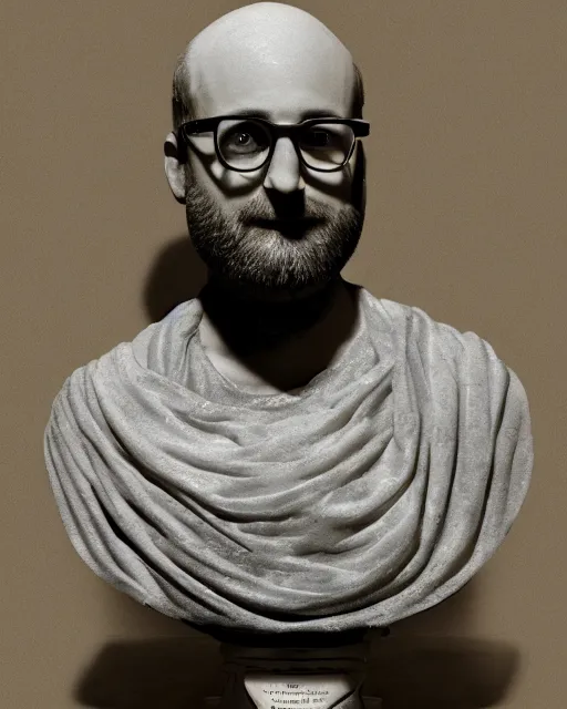 Image similar to a high quality photograph vsauce michael stevens as a roman marble bust. cinematic lighting.