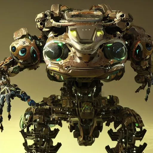 Image similar to a cybernetic robot frog from the game Horizon Zero Dawn. It is standing on all four of its legs.