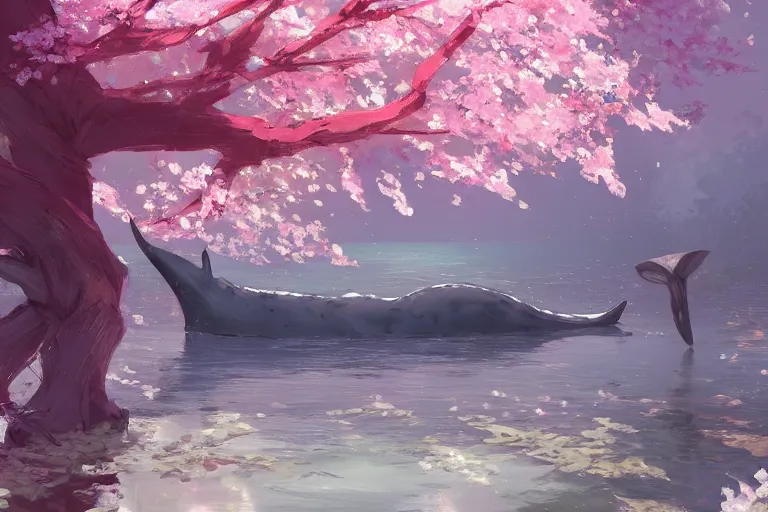 Prompt: narwhal, sakura trees, sakura season dynamic lighting, landscape, artwork by jeremy lipkin and giuseppe dangelico pino and michael garmash and rob rey and greg manchess and huang guangjian and makoto shinkai, pixiv, 1 0 0 mm