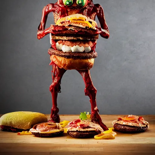 Image similar to a humanoid bipedal upright zombie that strongly resembles a hamburger, professional food photography