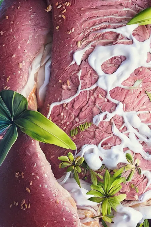 Prompt: ultra realistic illustration, portrait of sliced roast beef covered in white yogurt, plumeria tropical bouquet background, close up shot, fantasy, intricate, elegant, highly detailed, digital painting, artstation, concept art, smooth, sharp focus, illustration, surrealism