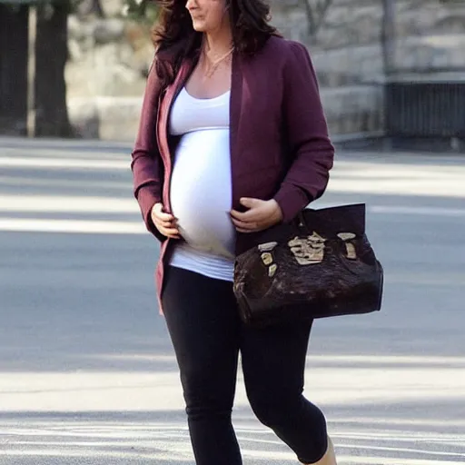 Image similar to Pregnant Alexandra D'addario walking down the street, paparazzi photo