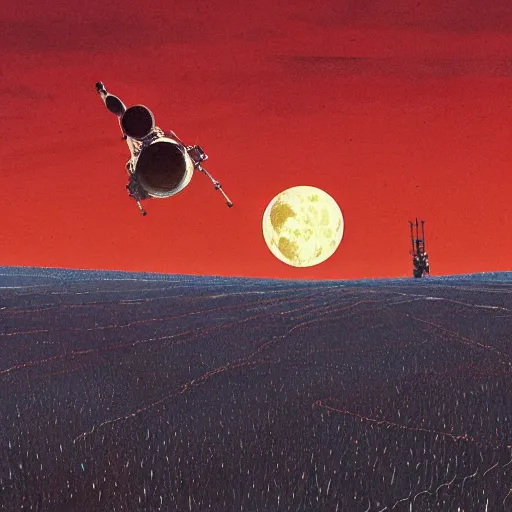 Prompt: war heavy spaceship above the field of wheat with blue skies and dark red detailed moon by Ian McQue