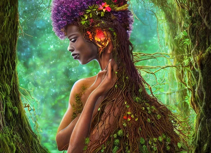 Prompt: a magical forest dryad, brown skin like soil, bright glowing ember eyes like fire, dressed in a green robe, colorful flowers growing from her head, branches growing as hair, golden sunlight, queen of the forest, extremely detailed, masterpiece, award-winning, mythological, mossy, grass, oil on canvas, soft colors, wide shot, very low angle photograph, simon stålenhag