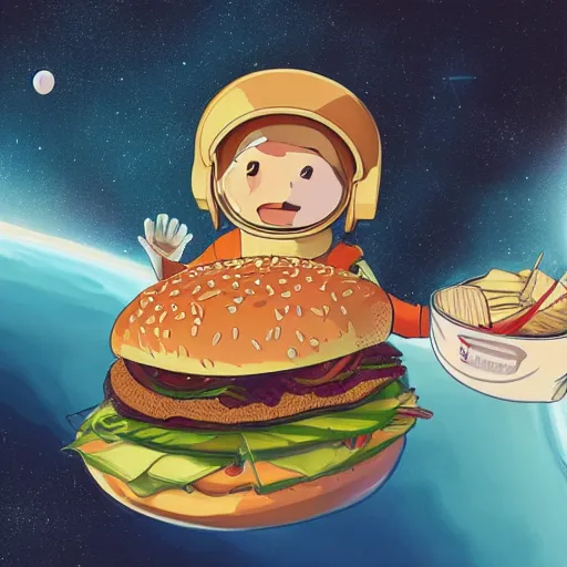 Image similar to a humanoid chicken!!!!! astronaut eating a burger while floating inside of a space station, golden ratio!!!!!, centered!!!!!, trending on artstation, cgsociety contest winner, 4 k quality, digital art, anime style, studio ghibli!!!!!