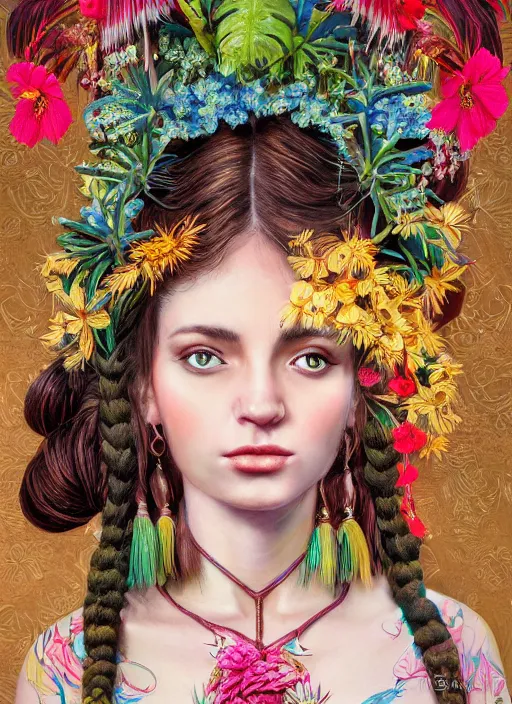 Prompt: beautiful portrait of a mediterranean female wearing fantastic Hand-dyed cotton dress, embellished beaded feather decorative fringe knots ,colorful pigtail,subtropical flowers and plants,symmetrical face,intricate,elegant, highly detailed, 8k,post-processing,digital painting, trending on artstation, concept art, sharp focus, illustration, by artgerm,Tom Bagshaw,Daniel Gerhartz,Albert Aublet,Lawrence Alma-Tadema,Maria Mirage