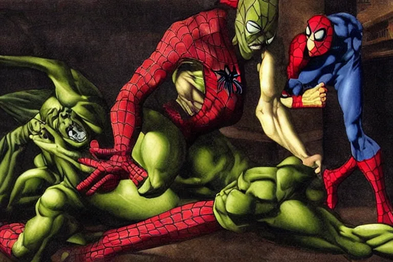 Image similar to spider man is fighting green goblin, in style of Caravaggio, dramatic lightning,
