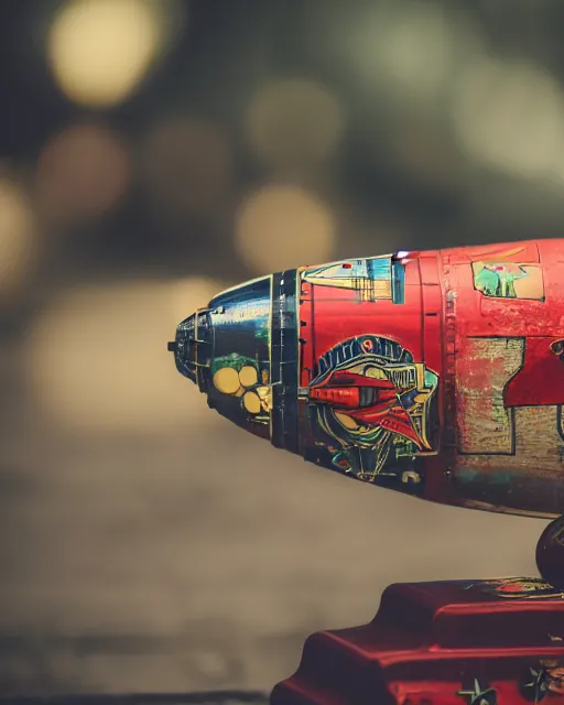 Prompt: high quality presentation photo of a detailed retro tin toy rocket ship, photography 4k, f1.8 anamorphic, bokeh, 4k, Canon, Nikon