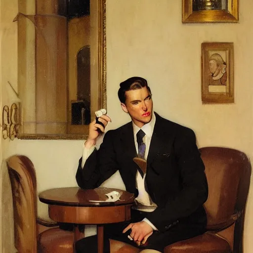 Prompt: man in mirrors room with coffee and black suit by leyendecker and dean cornwell, 5 feet distance from the camera, head on fire