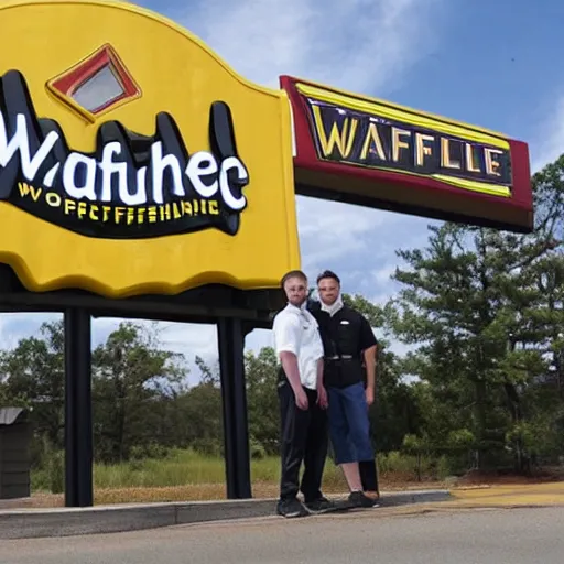 Image similar to wafflehouse employee's standing below wafflehouse sign, employees uniform is black and blue with yellow name tags-n 9