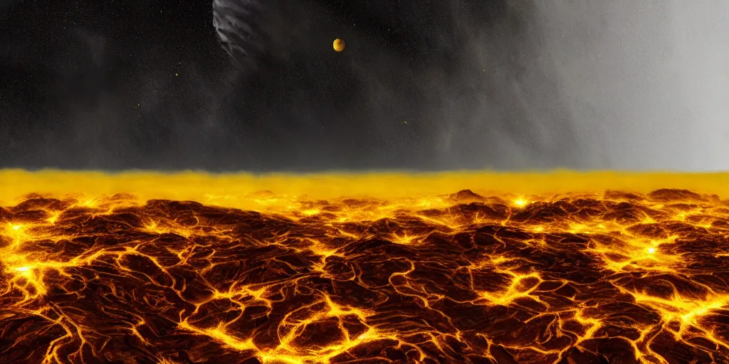 Image similar to a mountainous planet full of active vulcanoes covered by a dense yellow fog and yellow giant clouds, venus surface, path traced, highly detailed, high quality, 8 k, dramatic lighting, cinematic, high coherence, low contrast, hyperrealistic, concept art, digital art, dark yellow dense atmosphere, lava in the ground, no life, desertic