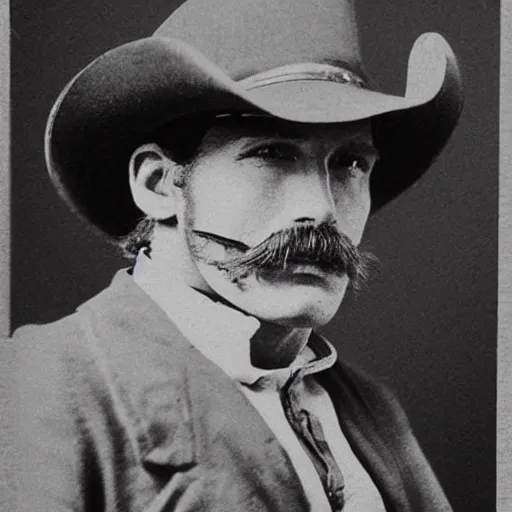 Image similar to A photograph portrait of Jerma985 as a cowboy with a pyramidal mustache in the late 1800s, taken in the late 1800s, 1870s, grainy, taken on a Field View Camera, realistic, hyperrealistic, very realistic, highly detailed, very detailed, extremely detailed, detailed, digital art, trending on artstation