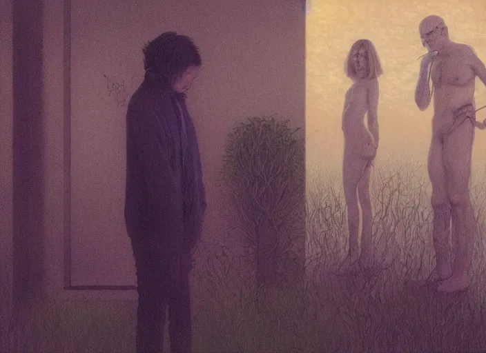 Image similar to portrait of man and sasquatch outside office building, cynical realism, painterly, yoshitaka amano, miles johnston, moebius, beautiful lighting, miles johnston, klimt, tendrils, in the style of, louise zhang, victor charreton, james jean, two figures, terrence malick screenshots, ghibli screenshot