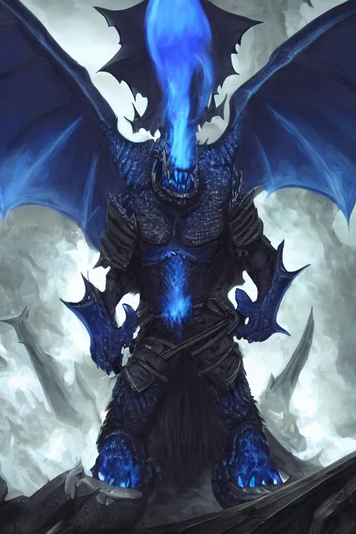 Image similar to a dark blue dragonborn with large tusks, half of his face flaming with blue flame, he wears a black dragon scales armor, art