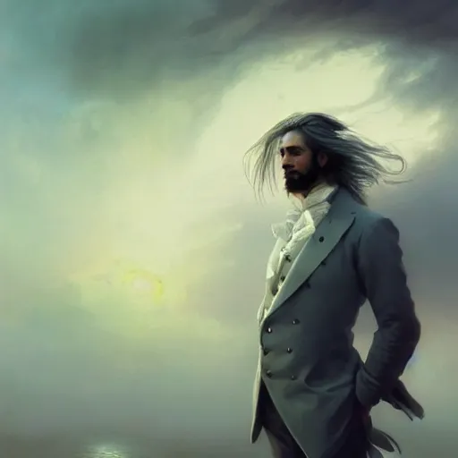 Image similar to cinematic shot epic portrait an fancy man in a suit with long flowing hair, sweaty skin, broad light, ambient occlusion, volumetric light effect, made by ivan aivazovsky, peter mohrbacher, greg rutkowski, matte painting, trending on artstation, 4 k, perfectly defined features, digital painting, cinematic, epic, highly detailed,