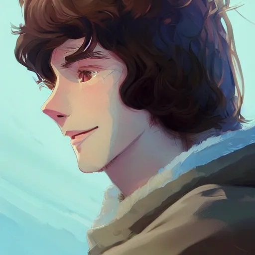 Image similar to portrait of a boy with long fluffy brown hair. blue background. digital art, procreate, stylized, by rossdraws, ghibli, greg rutkowski