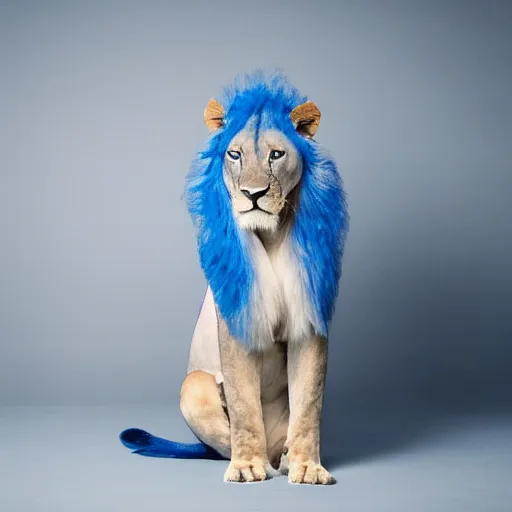 Image similar to studio photograph of a light blue lioness with wings sitting in a white room